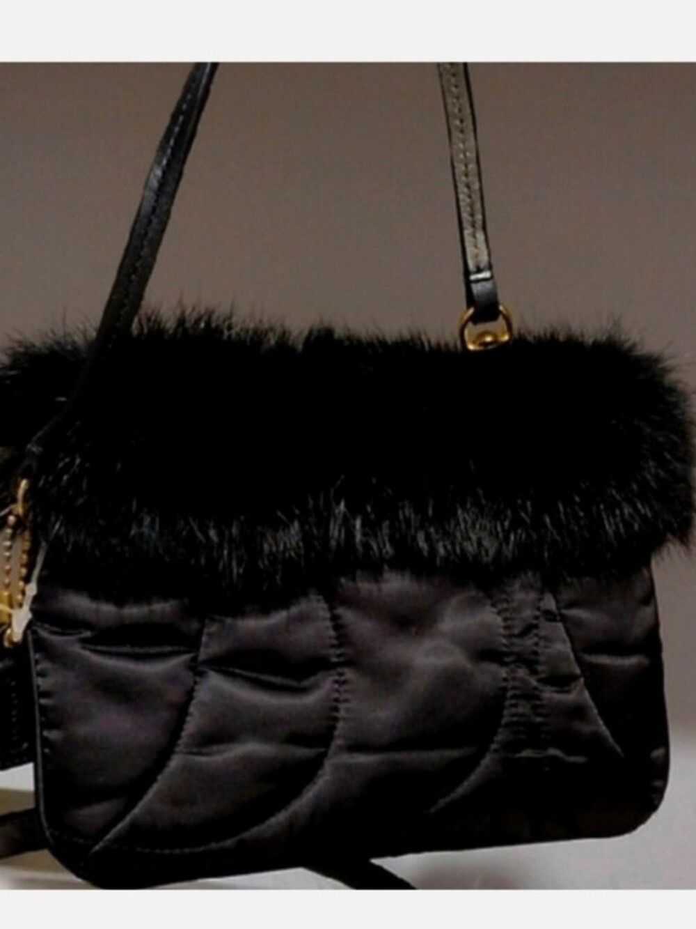 Coach Soho Ski Rabbit Furry Trim Black Quilted Wristlet With Hang tag